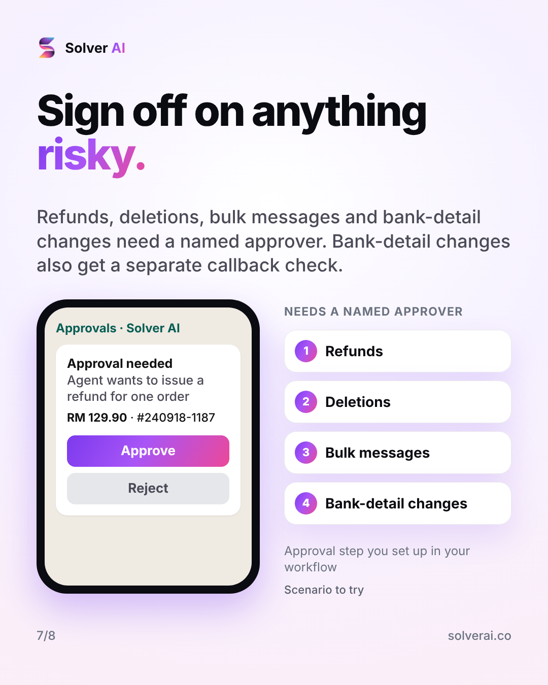 Sign off on anything risky: Refunds, deletions, bulk messages and bank-detail changes need a named approver. Bank-detail changes also get a separate callback check.