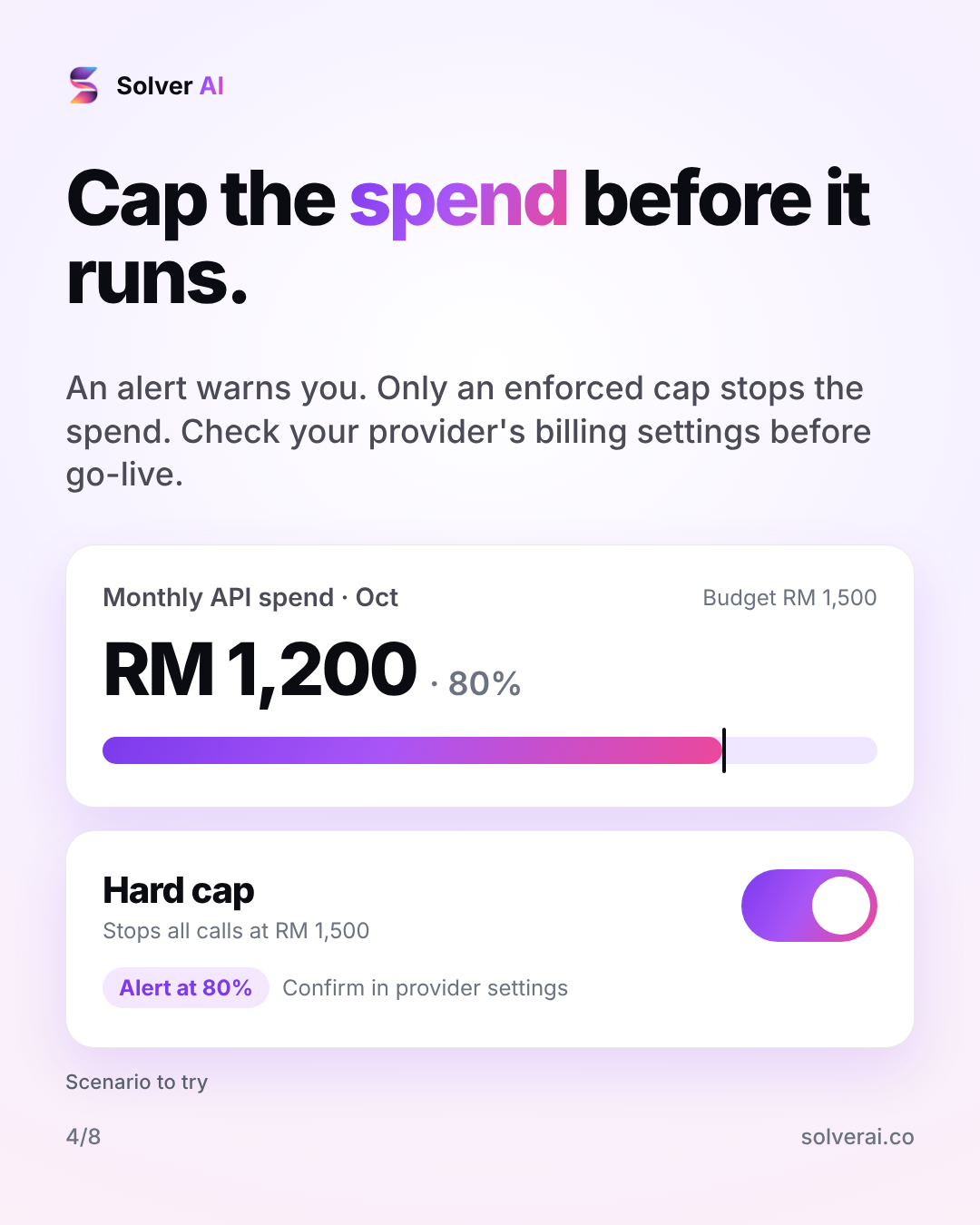 Cap the spend before it runs: An alert warns you. Only an enforced cap stops the spend. Check your provider's billing settings before go-live.